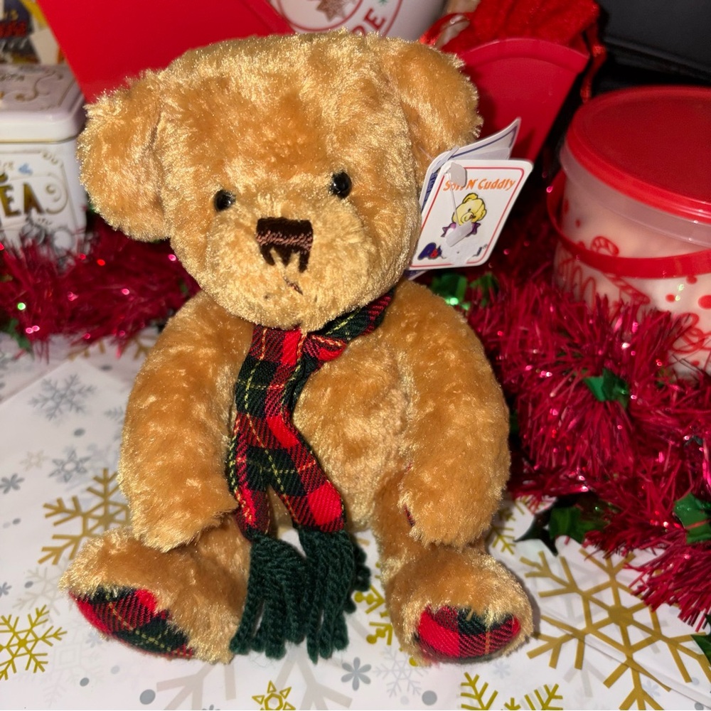Plush Teddy Bear with Plaid Scarf and feet NWT